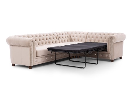 Cleo Blink - Chesterfield Ecksofa L-Form mit Schlaffunktion aus Samt mit Kristallsteppung und braunen Massivholzfüßen
