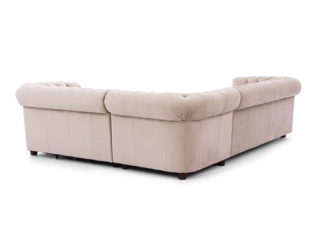 Cleo Blink - Chesterfield Ecksofa L-Form mit Schlaffunktion aus Samt mit Kristallsteppung und braunen Massivholzfüßen