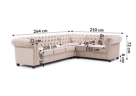 Cleo Blink - Chesterfield Ecksofa L-Form mit Schlaffunktion aus Samt mit Kristallsteppung und braunen Massivholzfüßen