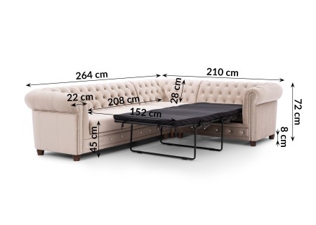 Cleo Blink - Chesterfield Ecksofa L-Form mit Schlaffunktion aus Samt mit Kristallsteppung und braunen Massivholzfüßen