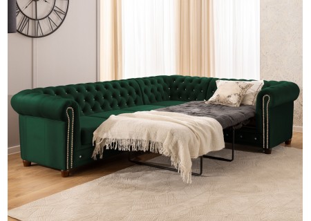 Cleo Blink - Chesterfield Ecksofa L-Form mit Schlaffunktion aus Samt mit Kristallsteppung und braunen Massivholzfüßen