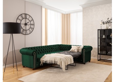 Cleo Blink - Chesterfield Ecksofa L-Form mit Schlaffunktion aus Samt mit Kristallsteppung und braunen Massivholzfüßen