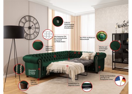 Cleo Blink - Chesterfield Ecksofa L-Form mit Schlaffunktion aus Samt mit Kristallsteppung und braunen Massivholzfüßen