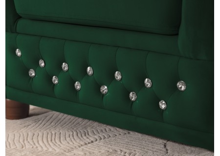 Cleo Blink - Chesterfield Ecksofa L-Form mit Schlaffunktion aus Samt mit Kristallsteppung und braunen Massivholzfüßen