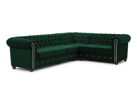 Cleo Blink - Chesterfield Ecksofa L-Form mit Schlaffunktion aus Samt mit Kristallsteppung und braunen Massivholzfüßen