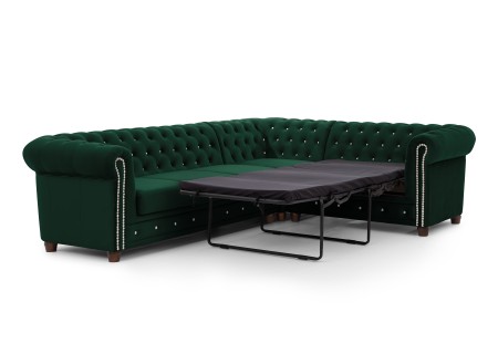 Cleo Blink - Chesterfield Ecksofa L-Form mit Schlaffunktion aus Samt mit Kristallsteppung und braunen Massivholzfüßen