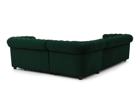 Cleo Blink - Chesterfield Ecksofa L-Form mit Schlaffunktion aus Samt mit Kristallsteppung und braunen Massivholzfüßen