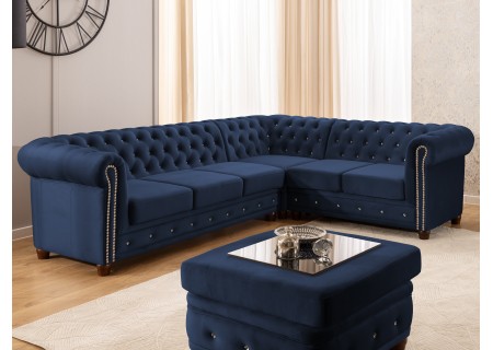 Cleo Blink - Chesterfield Ecksofa L-Form mit Schlaffunktion aus Samt mit Kristallsteppung und braunen Massivholzfüßen