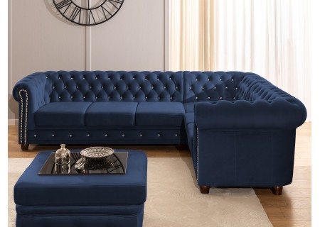 Cleo Blink - Chesterfield Ecksofa L-Form mit Schlaffunktion aus Samt mit Kristallsteppung und braunen Massivholzfüßen