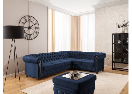 Cleo Blink - Chesterfield Ecksofa L-Form mit Schlaffunktion aus Samt mit Kristallsteppung und braunen Massivholzfüßen