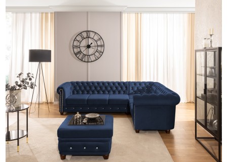 Cleo Blink - Chesterfield Ecksofa L-Form mit Schlaffunktion aus Samt mit Kristallsteppung und braunen Massivholzfüßen