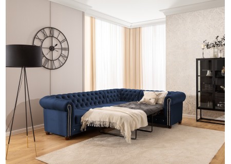 Cleo Blink - Chesterfield Ecksofa L-Form mit Schlaffunktion aus Samt mit Kristallsteppung und braunen Massivholzfüßen