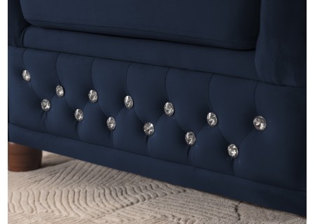 Cleo Blink - Chesterfield Ecksofa L-Form mit Schlaffunktion aus Samt mit Kristallsteppung und braunen Massivholzfüßen