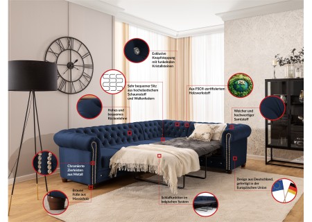 Cleo Blink - Chesterfield Ecksofa L-Form mit Schlaffunktion aus Samt mit Kristallsteppung und braunen Massivholzfüßen