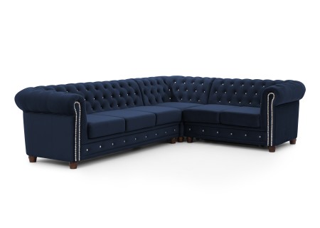 Cleo Blink - Chesterfield Ecksofa L-Form mit Schlaffunktion aus Samt mit Kristallsteppung und braunen Massivholzfüßen