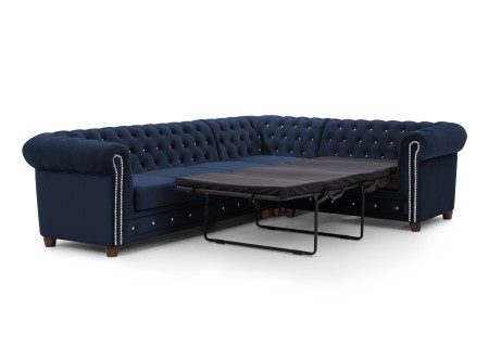 Cleo Blink - Chesterfield Ecksofa L-Form mit Schlaffunktion aus Samt mit Kristallsteppung und braunen Massivholzfüßen