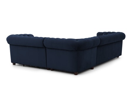 Cleo Blink - Chesterfield Ecksofa L-Form mit Schlaffunktion aus Samt mit Kristallsteppung und braunen Massivholzfüßen
