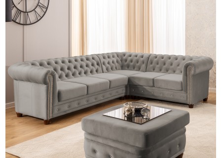 Cleo Blink - Chesterfield Ecksofa L-Form mit Schlaffunktion aus Samt mit Kristallsteppung und braunen Massivholzfüßen