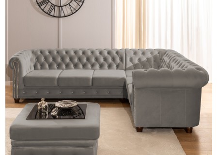 Cleo Blink - Chesterfield Ecksofa L-Form mit Schlaffunktion aus Samt mit Kristallsteppung und braunen Massivholzfüßen