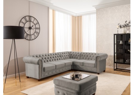 Cleo Blink - Chesterfield Ecksofa L-Form mit Schlaffunktion aus Samt mit Kristallsteppung und braunen Massivholzfüßen