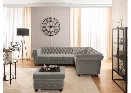 Cleo Blink - Chesterfield Ecksofa L-Form mit Schlaffunktion aus Samt mit Kristallsteppung und braunen Massivholzfüßen