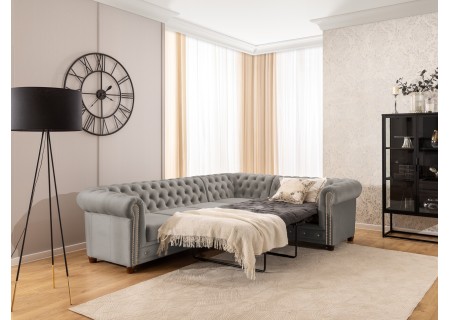 Cleo Blink - Chesterfield Ecksofa L-Form mit Schlaffunktion aus Samt mit Kristallsteppung und braunen Massivholzfüßen