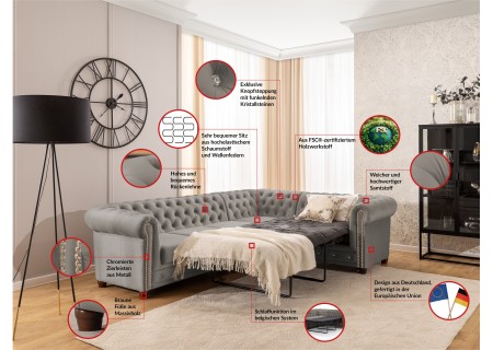 Cleo Blink - Chesterfield Ecksofa L-Form mit Schlaffunktion aus Samt mit Kristallsteppung und braunen Massivholzfüßen