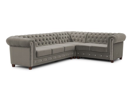 Cleo Blink - Chesterfield Ecksofa L-Form mit Schlaffunktion aus Samt mit Kristallsteppung und braunen Massivholzfüßen