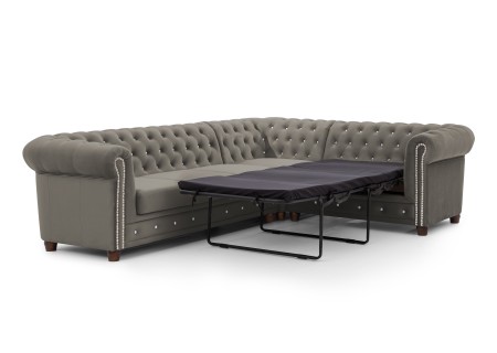 Cleo Blink - Chesterfield Ecksofa L-Form mit Schlaffunktion aus Samt mit Kristallsteppung und braunen Massivholzfüßen