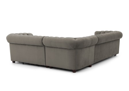 Cleo Blink - Chesterfield Ecksofa L-Form mit Schlaffunktion aus Samt mit Kristallsteppung und braunen Massivholzfüßen