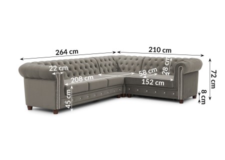 Cleo Blink - Chesterfield Ecksofa L-Form mit Schlaffunktion aus Samt mit Kristallsteppung und braunen Massivholzfüßen