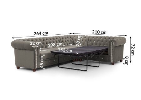 Cleo Blink - Chesterfield Ecksofa L-Form mit Schlaffunktion aus Samt mit Kristallsteppung und braunen Massivholzfüßen