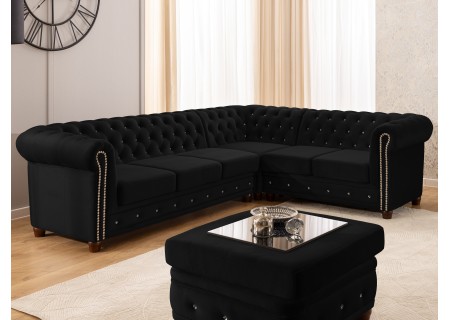 Cleo Blink - Chesterfield Ecksofa L-Form mit Schlaffunktion aus Samt mit Kristallsteppung und braunen Massivholzfüßen
