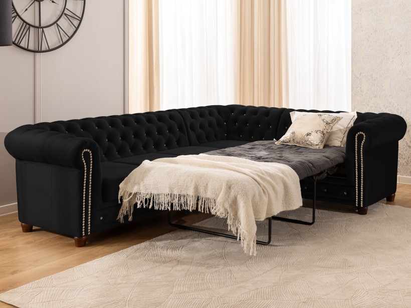 Cleo Blink - Chesterfield Ecksofa L-Form mit Schlaffunktion aus Samt mit Kristallsteppung und braunen Massivholzfüßen