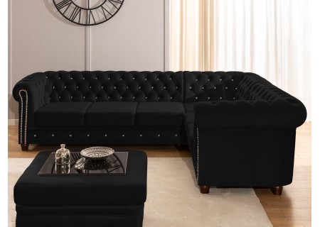 Cleo Blink - Chesterfield Ecksofa L-Form mit Schlaffunktion aus Samt mit Kristallsteppung und braunen Massivholzfüßen
