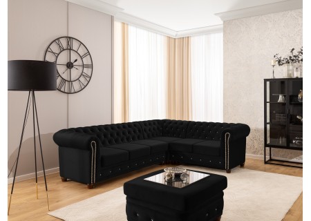 Cleo Blink - Chesterfield Ecksofa L-Form mit Schlaffunktion aus Samt mit Kristallsteppung und braunen Massivholzfüßen