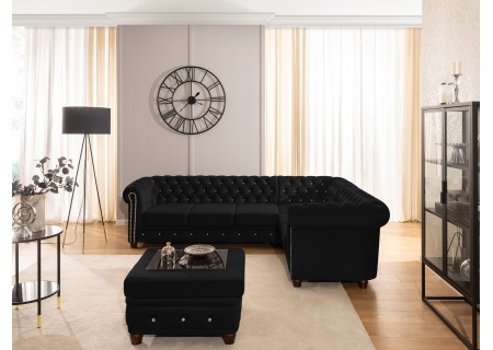 Cleo Blink - Chesterfield Ecksofa L-Form mit Schlaffunktion aus Samt mit Kristallsteppung und braunen Massivholzfüßen