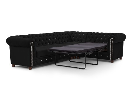 Cleo Blink - Chesterfield Ecksofa L-Form mit Schlaffunktion aus Samt mit Kristallsteppung und braunen Massivholzfüßen