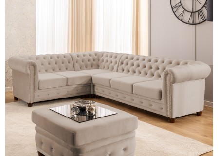 Cleo Blink - Chesterfield Ecksofa L-Form mit Schlaffunktion aus Samt mit Kristallsteppung und braunen Massivholzfüßen