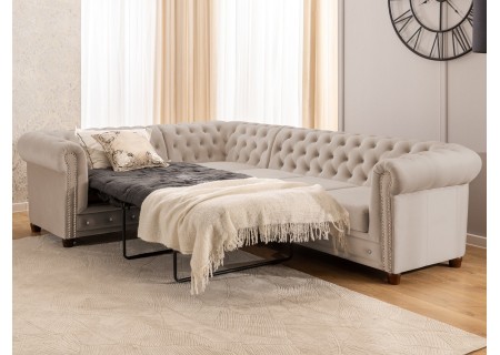 Cleo Blink - Chesterfield Ecksofa L-Form mit Schlaffunktion aus Samt mit Kristallsteppung und braunen Massivholzfüßen