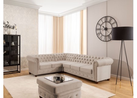 Cleo Blink - Chesterfield Ecksofa L-Form mit Schlaffunktion aus Samt mit Kristallsteppung und braunen Massivholzfüßen