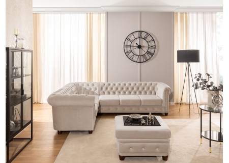 Cleo Blink - Chesterfield Ecksofa L-Form mit Schlaffunktion aus Samt mit Kristallsteppung und braunen Massivholzfüßen