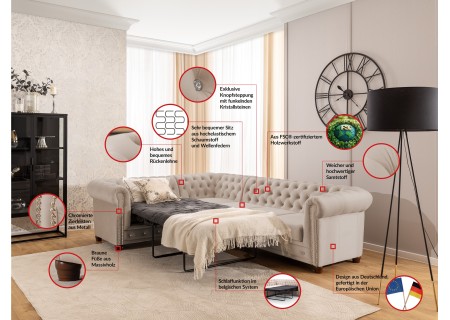 Cleo Blink - Chesterfield Ecksofa L-Form mit Schlaffunktion aus Samt mit Kristallsteppung und braunen Massivholzfüßen