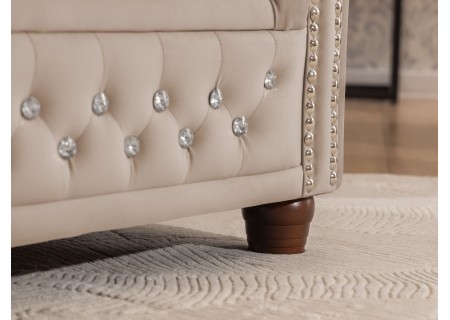 Cleo Blink - Chesterfield Ecksofa L-Form mit Schlaffunktion aus Samt mit Kristallsteppung und braunen Massivholzfüßen