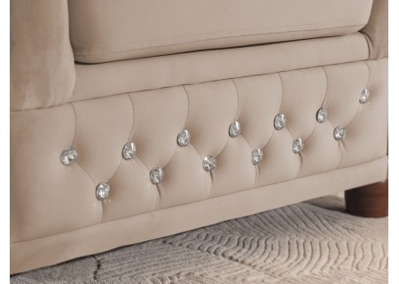 Cleo Blink - Chesterfield Ecksofa L-Form mit Schlaffunktion aus Samt mit Kristallsteppung und braunen Massivholzfüßen