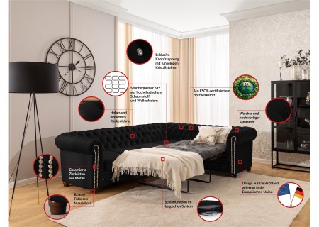 Cleo Blink - Chesterfield Ecksofa L-Form mit Schlaffunktion aus Samt mit Kristallsteppung und braunen Massivholzfüßen