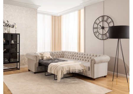 Cleo Blink - Chesterfield Ecksofa L-Form mit Schlaffunktion aus Samt mit Kristallsteppung und braunen Massivholzfüßen