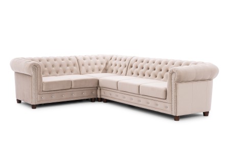 Cleo Blink - Chesterfield Ecksofa L-Form mit Schlaffunktion aus Samt mit Kristallsteppung und braunen Massivholzfüßen