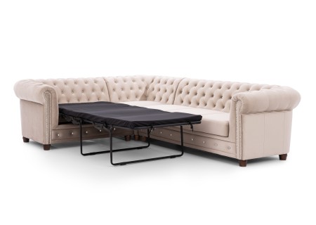 Cleo Blink - Chesterfield Ecksofa L-Form mit Schlaffunktion aus Samt mit Kristallsteppung und braunen Massivholzfüßen