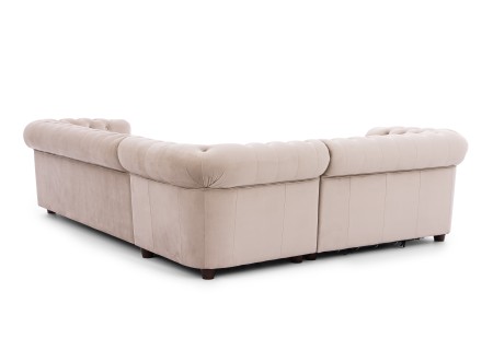 Cleo Blink - Chesterfield Ecksofa L-Form mit Schlaffunktion aus Samt mit Kristallsteppung und braunen Massivholzfüßen